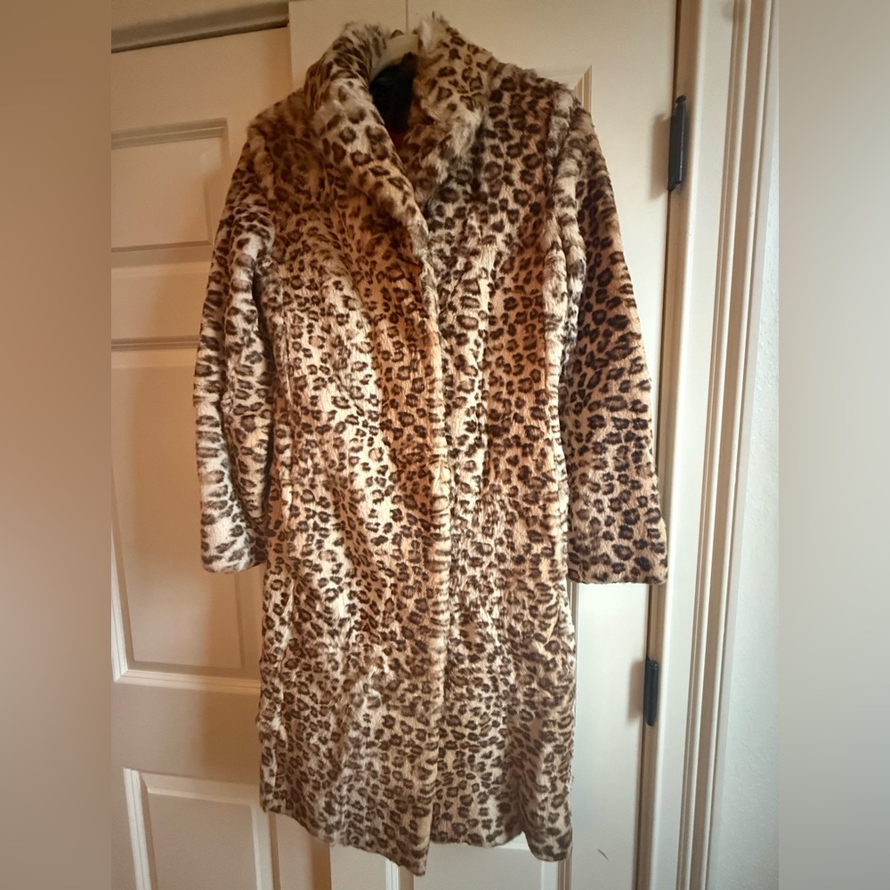 Authentic Bloomingdale’s Siena Studio Leopard Rabbit Fur Coat lined in red silk